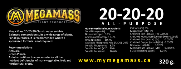 Mega Mass - 20-20-20 Fertilizer 320g. - IncrediGrow, 20-20-20, 202020, all purpose, foliar, megamass Mega Mass Plant Products